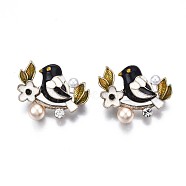 Bird and Flower Enamel Pin with Plastic Pearl, Alloy Brooch with Rhinestone for Backpack Clothes, Nickel Free & Lead Free, Light Golden, Black, 28x33mm(JEWB-N007-098)