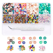 DIY Beads Jewelry Making Kit, Including 1124Pcs 4 Style Round Glass Seed Beads, 628~688Pcs 4 Colors Flat Round Polymer Clay Beads, 1Pc Stainless Steel Manicure Nail Tweezers, Mixed Color, Glass Beads: about 281pcs/style, Polymer Clay Beads: about 157~172pcs/style(DIY-YW0004-48)