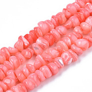 Natural Sea Shell Beads Strands, Dyed, Chips, Salmon, 6~18.5x5~10x2.5~7mm, Hole: 0.5~0.7mm, about 97~105pcs/strand, 15.55 inch~15.98 inch(39.5cm~40.6cm)(SSHEL-S278-131F)