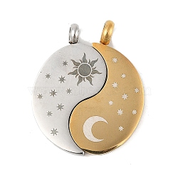 304 Stainless Steel Split Pendants, Yin-yang with Sun & Moon Charm, Ion Plating(IP), Golden & Stainless Steel Color, 31.5x25.5x2.5mm, Hole: 2.5mm, 2pcs/set(STAS-U040-11A)