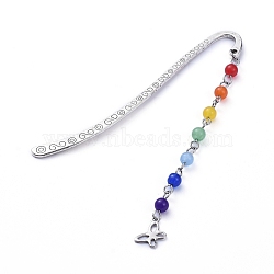 Chakra Theme, Tibetan Style Alloy Bookmarks, with Natural & Dyed Malaysia Jade Beads and 304 Stainless Steel Pendants, Butterfly, Colorful, Pendants: about 81x9.8x4.5mm, 84x4.5x1.3mm(AJEW-JK00160-02)
