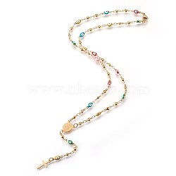 304 Stainless Steel Rosary Bead Necklaces, with Enamel Evil Eye, Oval with Virgin Mary, Golden, 18.34 inch(46.6cm)(NJEW-E133-01G)