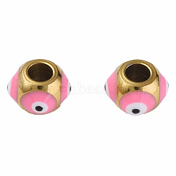 201 Stainless Steel Enamel Beads, Round with Evil Eye, Golden, Hot Pink, 8.5x8.5x6mm, Hole: 3mm(STAS-N087-59-04G)