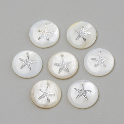 Freshwater Shell Pendants, Flat Round & Starfish/Sea Stars, Platinum, 16x3.5~4mm, Hole: 1.2mm(SHEL-Q010-001P)