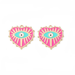 Rack Plating Alloy Enamel Pendants, Golden, Heart with Evil Eye Charm, Deep Pink, 27x28x1.4mm, Hole: 2mm(X-ENAM-K067-05B)