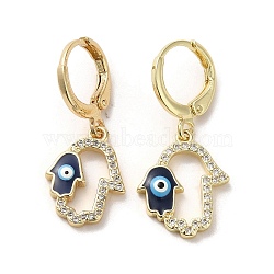 Hamsa Hand with Evil Eye Real 18K Gold Plated Brass Dangle Leverback Earrings, with Enamel & Cubic Zirconia, Prussian Blue, 28.5~29x12mm(EJEW-Q797-22G-03)