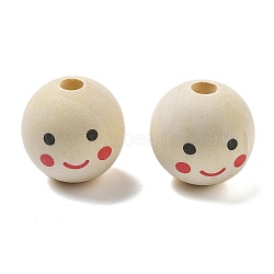 Printed Schima Wood European Beads, Round with Smiling Face Pattern, PapayaWhip, 28.5x27.5mm, Hole: 6.5mm(WOOD-G023-14C)