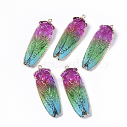 Natural Quartz Crystal Big Pendants, with Edge Golden Plated Iron Loops, Rainbow Plated, Cicada, 53.5x19x12mm, Hole: 1.8mm(G-S359-008)