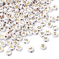 Plating Acrylic Beads, for Name Bracelets & Jewelry Making, Metal Enlaced, Horizontal Hole, Mixed Letters, Flat Round, Golden Plated, 7x4mm, Hole: 1.8mm, about 3650pcs/500g(PACR-Q112-07)