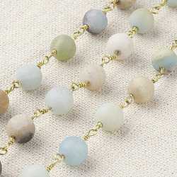 Handmade Natural Flower Amazonite Beads Chains for Necklaces Bracelets Making, Unwelded, with Spool, Brass Findings, Nickel Free, Raw(Unplated), Frosted, 6mm, Link: 13~14x6.5mm, about 16.4 Feet(5m)/roll(AJEW-K011-6mm-04)