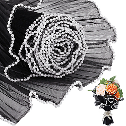 Polyester Flower Bouquet Wrapping Mesh Paper, with ABS Plastic Imitation Pearl Edge, Bouquet Packaging Paper Wrinkled Wavy Net Yarn, for Valentine's Day, Wedding, Birthday Decoration, Black, 140~150mm, 4yards(ORIB-WH0007-02B-01)