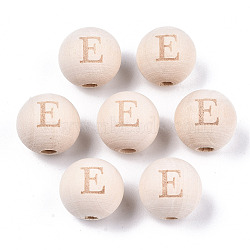 Unfinished Natural Wood European Beads, Large Hole Beads, Laser Engraved Pattern, Round with Word, Letter.E, 15~16x14~15mm, Hole: 4mm(WOOD-S045-143A-01E)