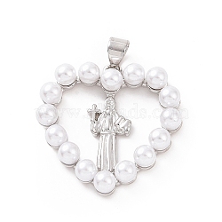 Brass with ABS Plastic Imitation Pearl Pendants, Heart with Priest Charm, Platinum, 25.5x25x5mm, Hole: 3.5x5mm(KK-G460-07P)