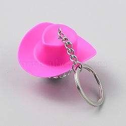 Plastic Keychains, with Glass and Iron, Hat, Mirror Disco Ball, Hot Pink, 96mm(KEYC-WH0816-011P-C)