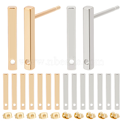 20Pcs 2 Styles Brass Rectangle Stud Earring Findings, with Holes & 20Pcs Friction Ear Nuts, Real Gold Plated & Real Platinum Plated, 12.5x1.5x1.5mm, Hole: 0.8mm, Pin: 0.7~0.8mm, 10Pcs/style(KK-BC0012-25)