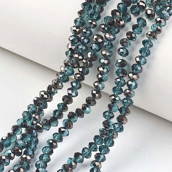 Electroplate Transparent Glass Beads Strands, Half Black Plated, Faceted, Rondelle, Teal, 6x5mm, Hole: 1mm, about 85~88pcs/strand, 16.1~16.5 inch(41~42cm)