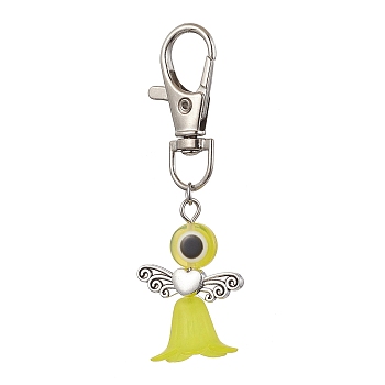 Acrylic & Resin Evil Eye Angel Pendant Decorations, with Zinc Alloy Swivel Lobster Claw Clasps, Yellow, 70mm