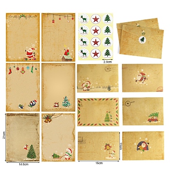 12 Sheets Stationery Paper and 6Pcs Envelope Set, with 12Pcs Round Stickers, Christmas Themed Pattern, for Festival Greeting, Party Invitation, BurlyWood, Package: 215x158x6mm