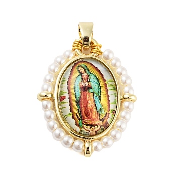 Rack Plating Brass Enamel Pendants, with Plastic Imitation Pearl, Long-Lasting Plated, Cadmium Free & Lead Free, Real 18K Gold Plated, Oval with Virgin Mary Charm, Gold, 28x22.5x6mm, Hole: 4.5x3.5mm