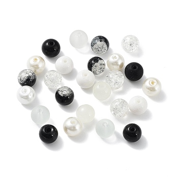 Glass Beads, Round, Mixed Style, White, 8~8.5x7.5mm, Hole: 0.8mm, 300pcs/bag