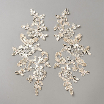 Polyester with Sequin Embroidery Lace Appliques, Ornament Accessories for Cheongsam, Dress, Flower, Light Gold, 245x95x1.5mm