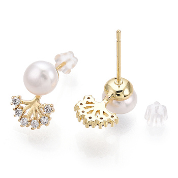 Clear Cubic Zirconia Tree of Life Stud Earrings with Natural Pearl, Brass Earring with 925 Sterling Silver Pins, Real 18K Gold Plated, 13.5x8.5mm, Pin: 12x0.8mm