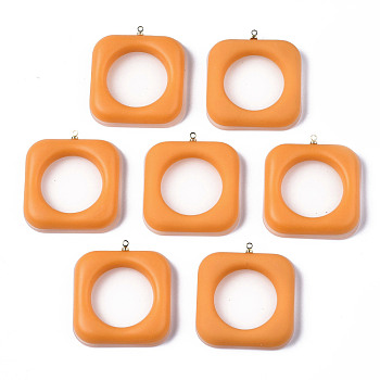 Acrylic Pendants, with Resin, with Light Gold Plated Brass Loops, Square, Orange, 38x35x8mm, Hole: 1.5mm