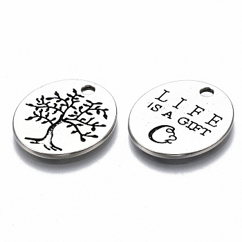 Tibetan Style Alloy Pendants, Lead Free & Cadmium Free, Oval with Word Life is a Gift & Tree, Antique Silver, 20.5x18.5x1.5mm, Hole: 1.8mm, about 406pcs/1000g