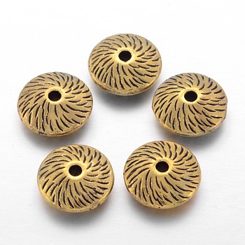 Tibetan Style Alloy Flat Round Beads, Cadmium Free & Lead Free, Antique Golden, 12x4.5mm, Hole: 2mm, about 580pcs/1000g