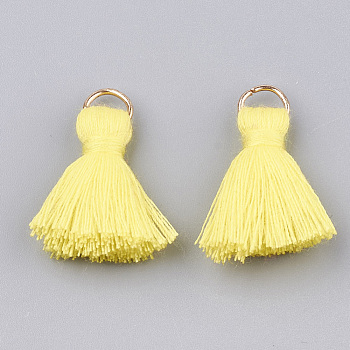 Polycotton(Polyester Cotton) Tassel Pendant Decorations, with Iron Findings, Light Gold, Yellow, 20~30x7~8mm, Hole: 5mm