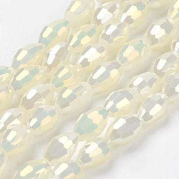 Electroplate Glass Beads Strands, Full Pearl Luster Plated, Faceted, Oval, Light Goldenrod Yellow, 6x4mm, Hole: 1mm, about 72pcs/strand, 16 inch