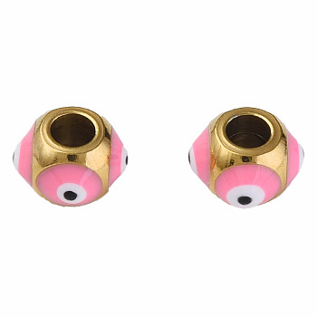 201 Stainless Steel Enamel Beads, Round with Evil Eye, Golden, Hot Pink, 8.5x8.5x6mm, Hole: 3mm