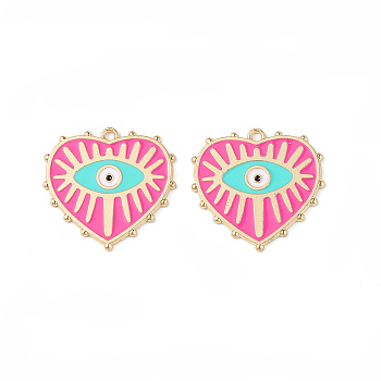 Rack Plating Alloy Enamel Pendants, Golden, Heart with Evil Eye Charm, Deep Pink, 27x28x1.4mm, Hole: 2mm