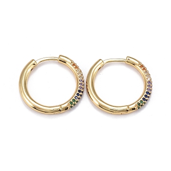 Brass Micro Pave Cubic Zirconia Huggie Hoop Earrings, Long-Lasting Plated, Ring, Colorful, Real 18K Gold Plated, 20x2.5mm, Pin: 0.8mm