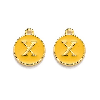 Golden Plated Alloy Enamel Charms, Enamelled Sequins, Flat Round with Alphabet, Letter.X, Yellow, 14x12x2mm, Hole: 1.5mm