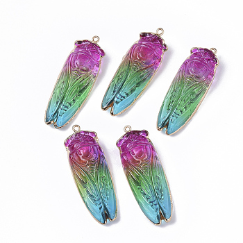Natural Quartz Crystal Big Pendants, with Edge Golden Plated Iron Loops, Rainbow Plated, Cicada, 53.5x19x12mm, Hole: 1.8mm