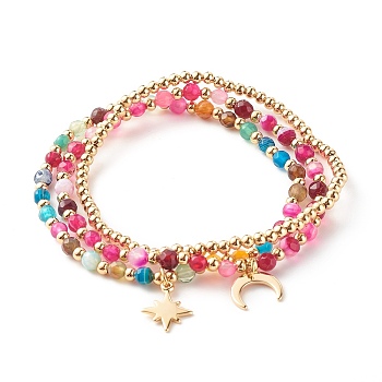 Natural Agate Round Beads Stretch Bracelets, Bracelet, Round, Moon & Star Brass Charm Bracelets for Girl Women, Golden, Rosy Brown, Inner Diameter: 2-1/4 inch(5.6cm), 3pcs/set