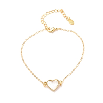 Heart Link Bracelet for Girl Women Gift, Freshwater Shell Charm Brass Bracelets, Golden, 7.48 inch(19cm)