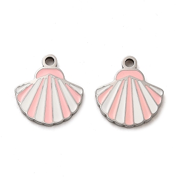 304 Stainless Steel Enamel Charms, Stainless Steel Color, Shell Charm, Pink, 13x12x1.5mm, Hole: 1.5mm