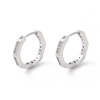 Brass Micro Pave Cubic Zirconia Hoop Earrings, Octagon, Real Platinum Plated, 12x2mm