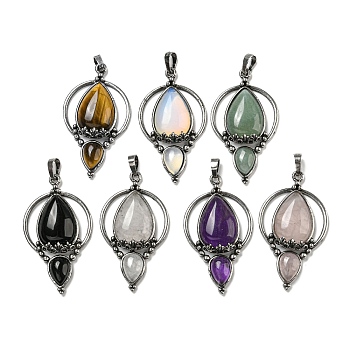 Natural & Synthetic Mixed Gemstone Pendants, Rack Plating Brass Teardrop Charms, Antique Silver, Cadmium Free & Lead Free, 49.5x28x7mm, Hole: 8x5mm