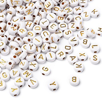 Plating Acrylic Beads, for Name Bracelets & Jewelry Making, Metal Enlaced, Horizontal Hole, Mixed Letters, Flat Round, Golden Plated, 7x4mm, Hole: 1.8mm, about 3650pcs/500g
