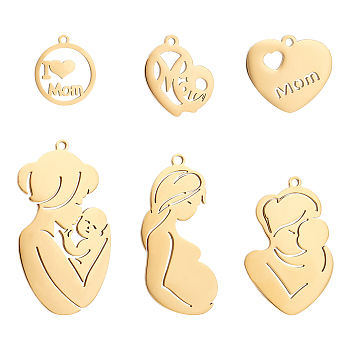PandaHall Elite 6Pcs 6 Style 304 Stainless Steel Pendants, Heart & Pregnant Woman & Mother & Child, for Mother's Day, Real 18K Gold Plated, 17.5~46x15.5~25x1~1.5mm, Hole: 1.4~2mm, 1pc/style