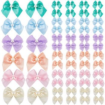 72Pcs 6 Colors Bowknot Polyester Ornament Accessories, with Plastic Imitation Pearls, Mixed Color, 25x60x6mm, 12pcs/color