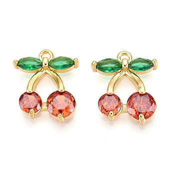 Brass Micro Pave Cubic Zirconia Charms, Cherry, Real 18K Gold Plated, 13x11.5x3mm, Hole: 1.2mm