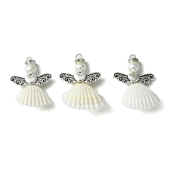 Alloy Spiral Shell Pendants, Angel Charms with Round Shell Pearl Beads, Creamy White, 30~33.5x23.5~24x9.5~10mm, Hole: 2.5mm