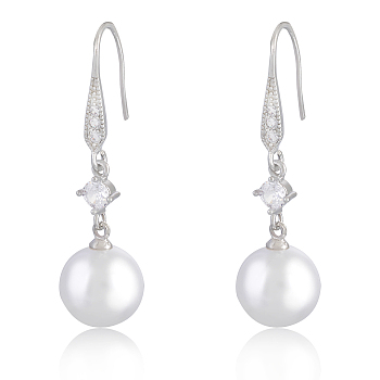 Pearl Earrings with Cubic Zirconia White Freshwater Shell Pearl Dangle Hook Earrings Stud Round Ball Drop Hoop Earrings Brass Jewelry Gift for Women, White, 42.5x11.5mm, Pin: 0.8mm