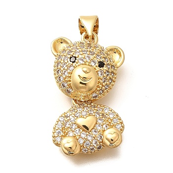 Rack Plating Brass Micro Pave Clear Cubic Zirconia Pendants, Bear Charms, Long-Lasting Plated, Lead Free & Cadmium Free, Real 18K Gold Plated, 25x14.5x7.5mm, Hole: 4.5x3mm