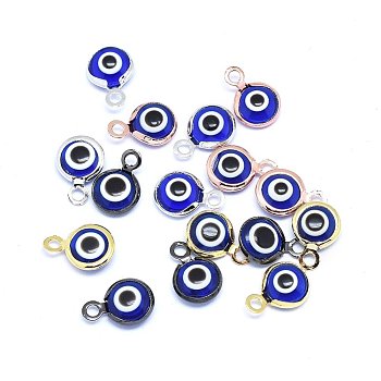 Handmade Evil Eye Lampwork Charms, with Brass Findings, Flat Round, Blue, Mixed Color, 10x6.5x3mm, Hole: 1.5mm