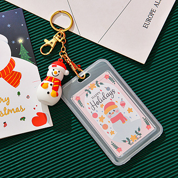 Christmas Themed Plastic Keychain Card Sleeve, with Keychain Clasp and Silicone Charms, for Bus Pass Work Badge Card Holders, Snowman, 110x70mm